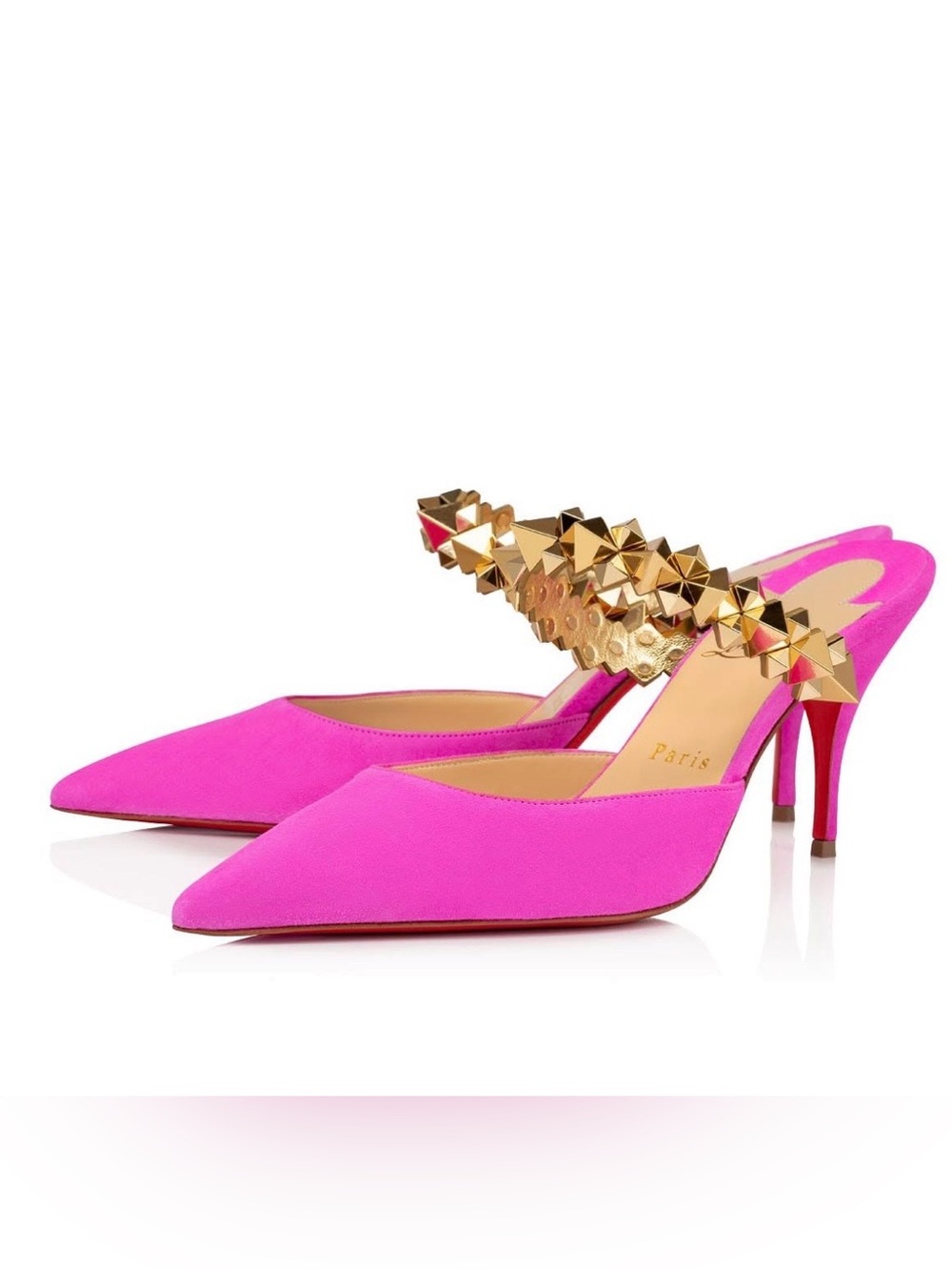 Christian Louboutin Planet choc Hot Pink Pointed Toe Mules with Gold Pyramid Stu